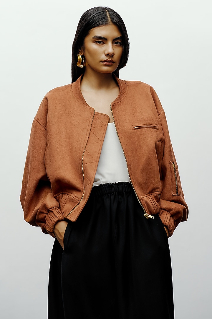Brown Soft Faux Suede Bomber Jacket by 431-88 By Shweta Kapur at Pernia's Pop Up Shop