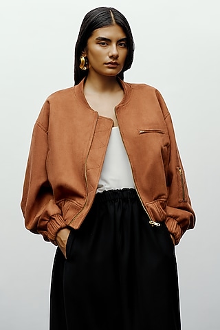 Brown Soft Faux Suede Bomber Jacket by 431-88 By Shweta Kapur