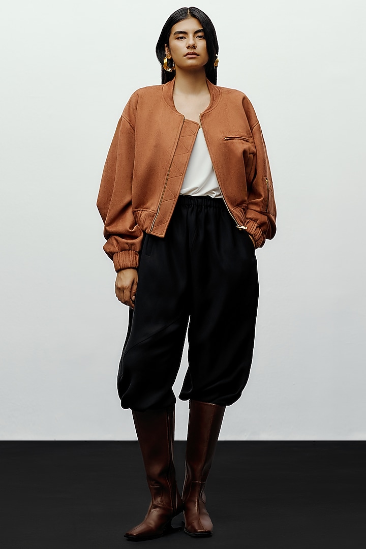 Brown Soft Faux Suede Bomber Jacket by 431-88 By Shweta Kapur at Pernia's Pop Up Shop