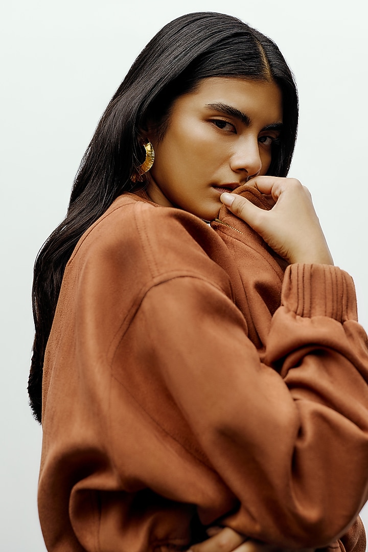 Brown Soft Faux Suede Bomber Jacket by 431-88 By Shweta Kapur at Pernia's Pop Up Shop