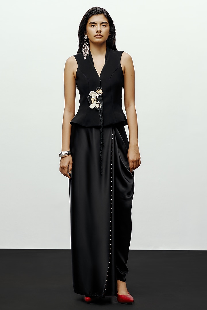 Black Satin Bead Embellished Dhoti Pants by 431-88 By Shweta Kapur at Pernia's Pop Up Shop