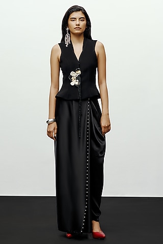 Black Satin Bead Embellished Dhoti Pants by 431-88 By Shweta Kapur