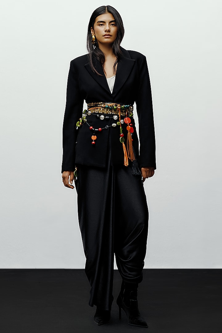 Black Satin Asymmetric Dhoti Pants by 431-88 By Shweta Kapur at Pernia's Pop Up Shop