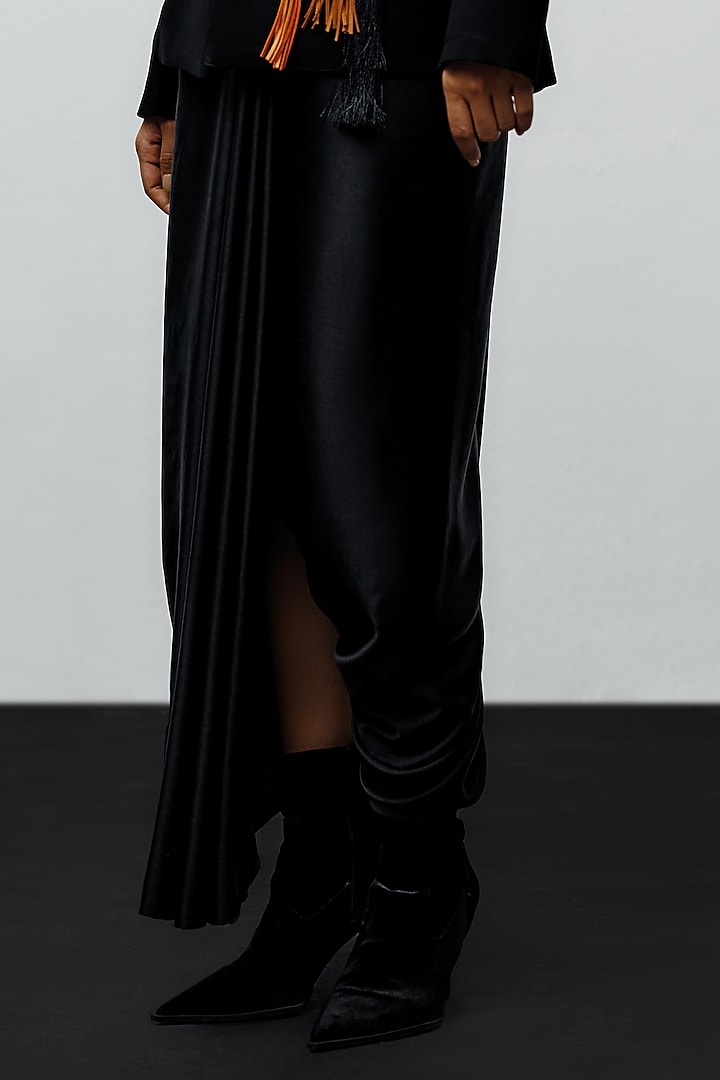 Black Satin Asymmetric Dhoti Pants by 431-88 By Shweta Kapur at Pernia's Pop Up Shop