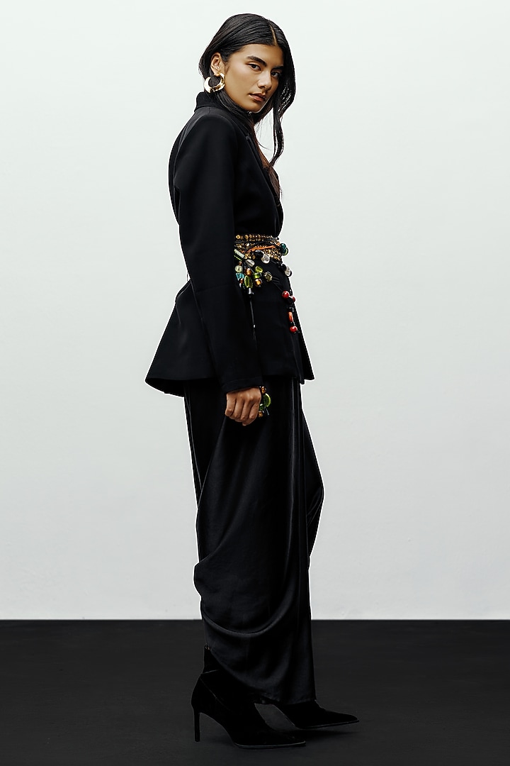 Black Satin Asymmetric Dhoti Pants by 431-88 By Shweta Kapur at Pernia's Pop Up Shop