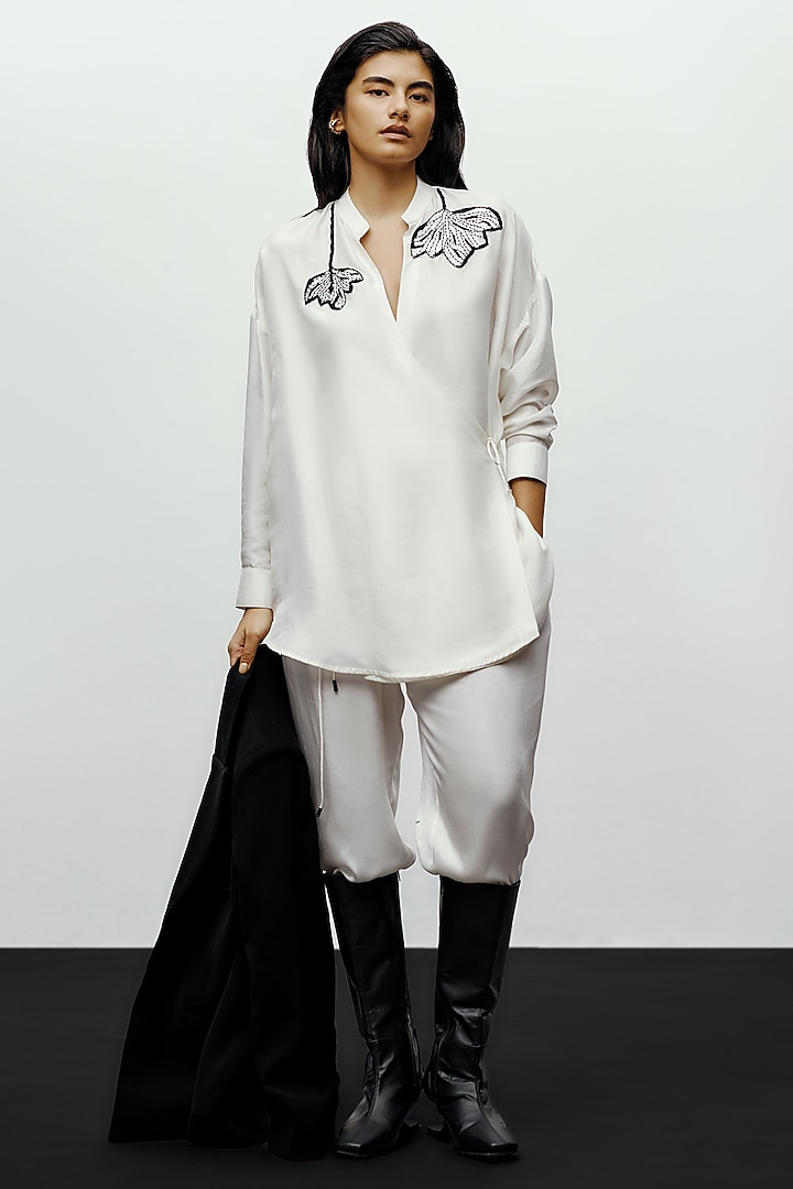 White Silk Blend & Satin High-Waisted Pants by 431-88 By Shweta Kapur at Pernia's Pop Up Shop