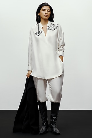 White Silk Blend & Satin High-Waisted Pants by 431-88 By Shweta Kapur