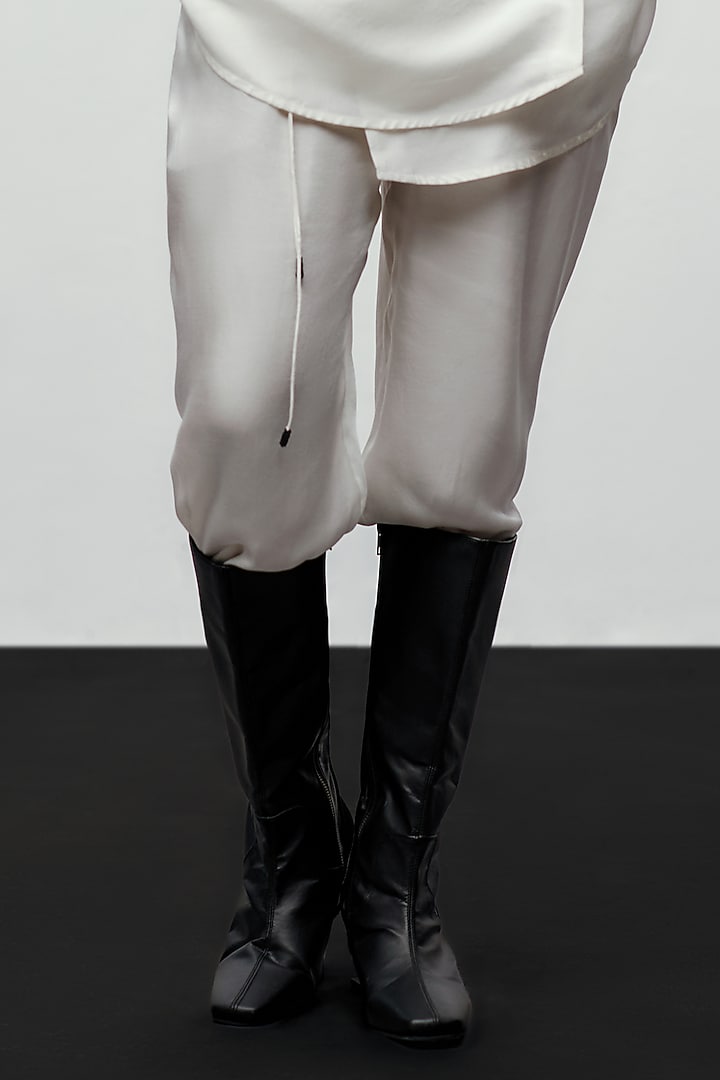 White Silk Blend & Satin High-Waisted Pants by 431-88 By Shweta Kapur at Pernia's Pop Up Shop