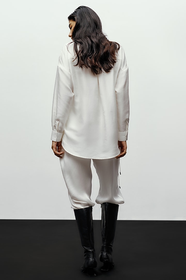 White Silk Blend & Satin High-Waisted Pants by 431-88 By Shweta Kapur at Pernia's Pop Up Shop