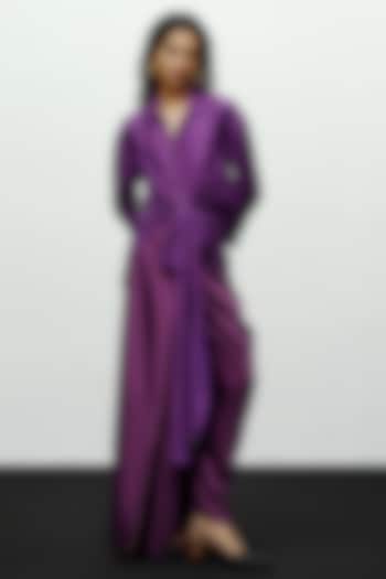 Deep Violet Satin Bead Work Asymmetric Dhoti Pants by 431-88 By Shweta Kapur at Pernia's Pop Up Shop