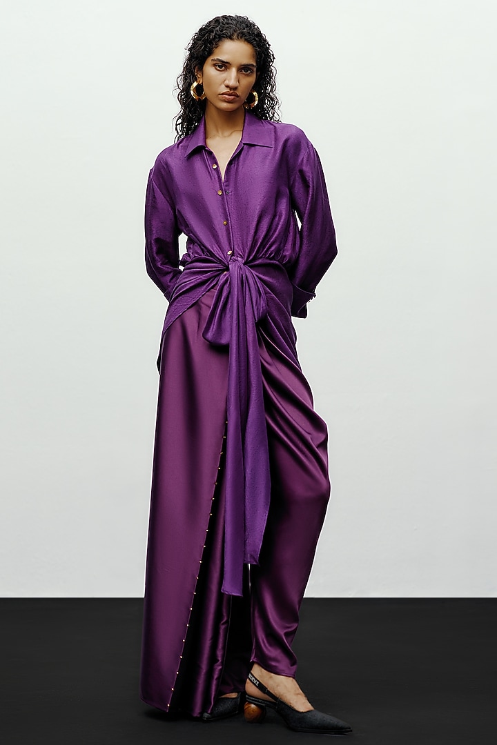 Deep Violet Satin Bead Work Asymmetric Dhoti Pants by 431-88 By Shweta Kapur at Pernia's Pop Up Shop