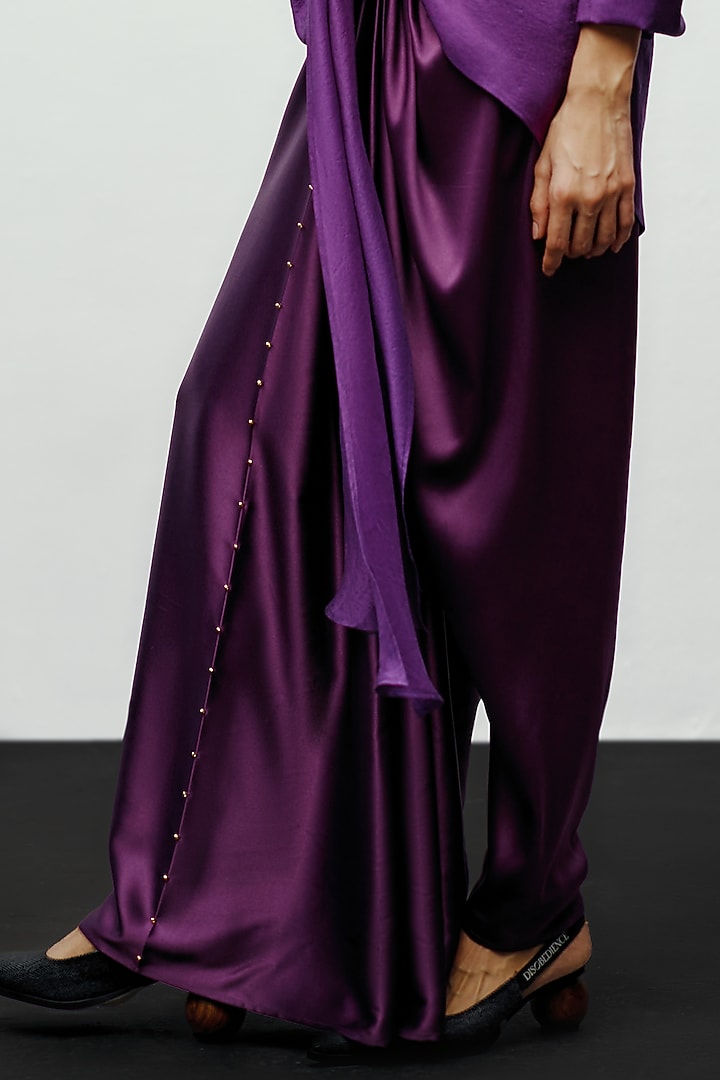 Deep Violet Satin Bead Work Asymmetric Pants by 431-88 By Shweta Kapur at Pernia's Pop Up Shop