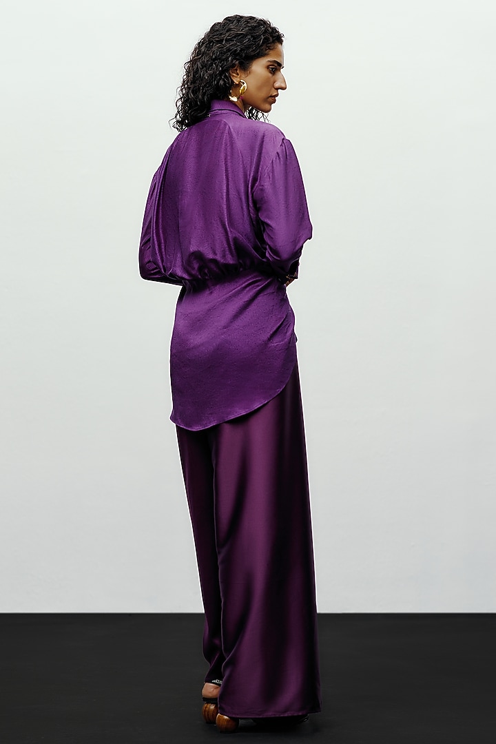 Deep Violet Satin Bead Work Asymmetric Pants by 431-88 By Shweta Kapur at Pernia's Pop Up Shop