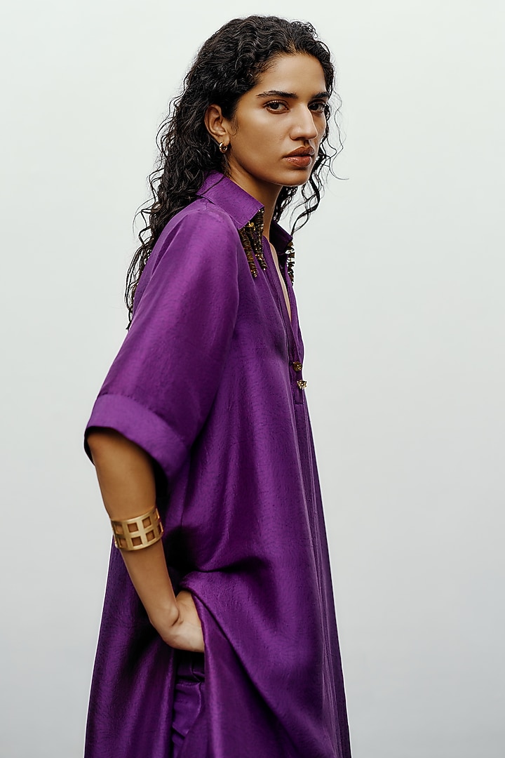 Deep Purple Silk Embroidered Kurta Set by 431-88 By Shweta Kapur at Pernia's Pop Up Shop
