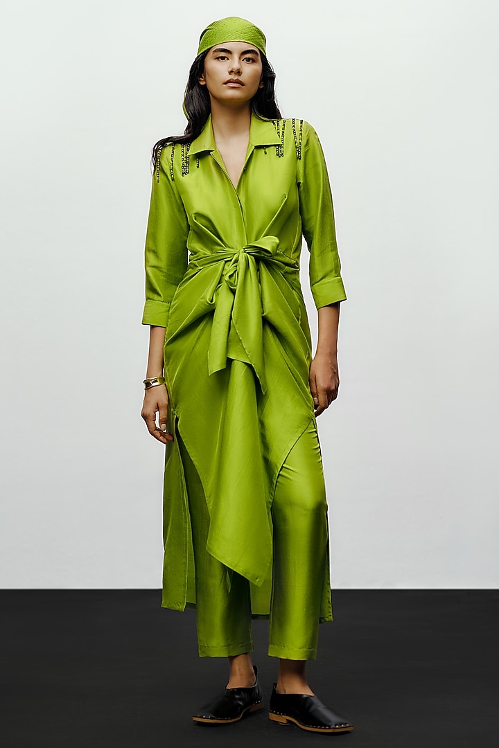 Lime Green Silk Printed Kurta Set by 431-88 By Shweta Kapur at Pernia's Pop Up Shop