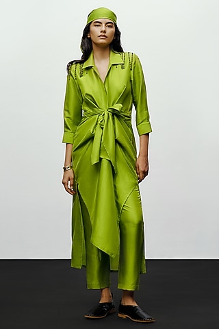 Lime Green Silk Printed Kurta Set by 431-88 By Shweta Kapur