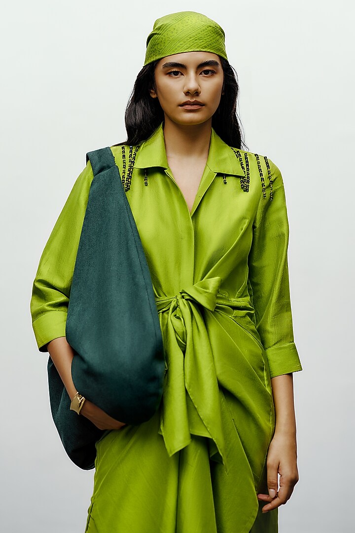 Lime Green Silk Printed Kurta Set by 431-88 By Shweta Kapur at Pernia's Pop Up Shop