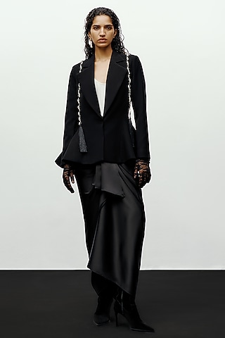 Black Satin Draped Skirt by 431-88 By Shweta Kapur