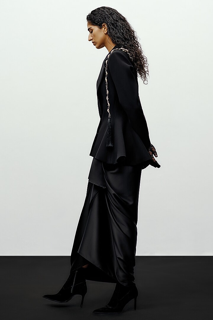 Black Satin Draped Skirt by 431-88 By Shweta Kapur at Pernia's Pop Up Shop