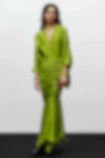 Lime Green Silk Printed Draped Skirt by 431-88 By Shweta Kapur at Pernia's Pop Up Shop