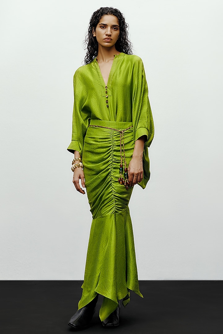 Lime Green Silk Printed Draped Skirt by 431-88 By Shweta Kapur at Pernia's Pop Up Shop