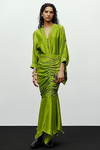 Lime Green Silk Printed Draped Skirt by 431-88 By Shweta Kapur
