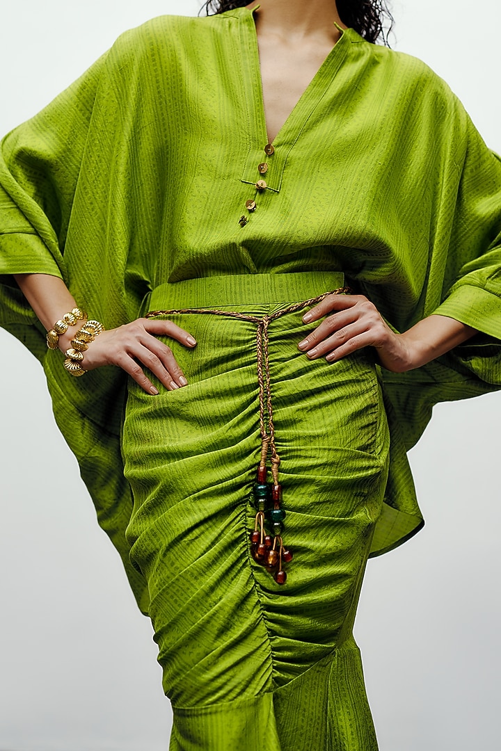 Lime Green Silk Printed Draped Skirt by 431-88 By Shweta Kapur at Pernia's Pop Up Shop