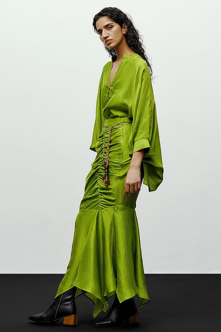 Lime Green Silk Printed Draped Skirt by 431-88 By Shweta Kapur at Pernia's Pop Up Shop