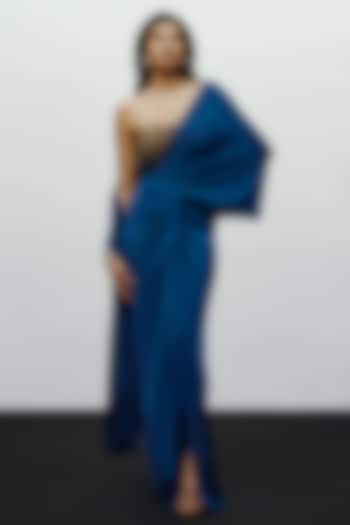 Teal Fluid Stretch Jersey Asymmetrical Knot Pre-Stitched Wedding Saree by 431-88 By Shweta Kapur at Pernia's Pop Up Shop