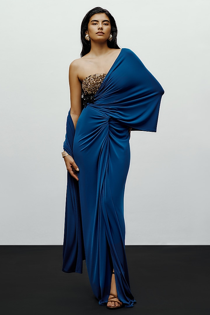 Teal Fluid Stretch Jersey Asymmetrical Knot Pre-Stitched Wedding Saree by 431-88 By Shweta Kapur at Pernia's Pop Up Shop