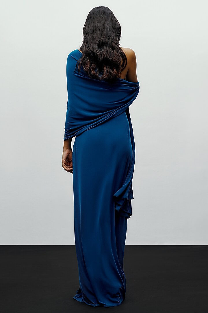 Teal Fluid Stretch Jersey Asymmetrical Knot Pre-Stitched Wedding Saree by 431-88 By Shweta Kapur at Pernia's Pop Up Shop