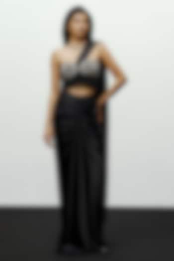 Black Stretch Satin Pre-Stitched Wedding Saree by 431-88 By Shweta Kapur at Pernia's Pop Up Shop