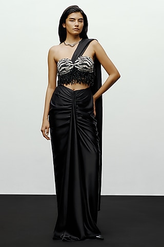 Black Stretch Satin Pre-Stitched Saree by 431-88 By Shweta Kapur