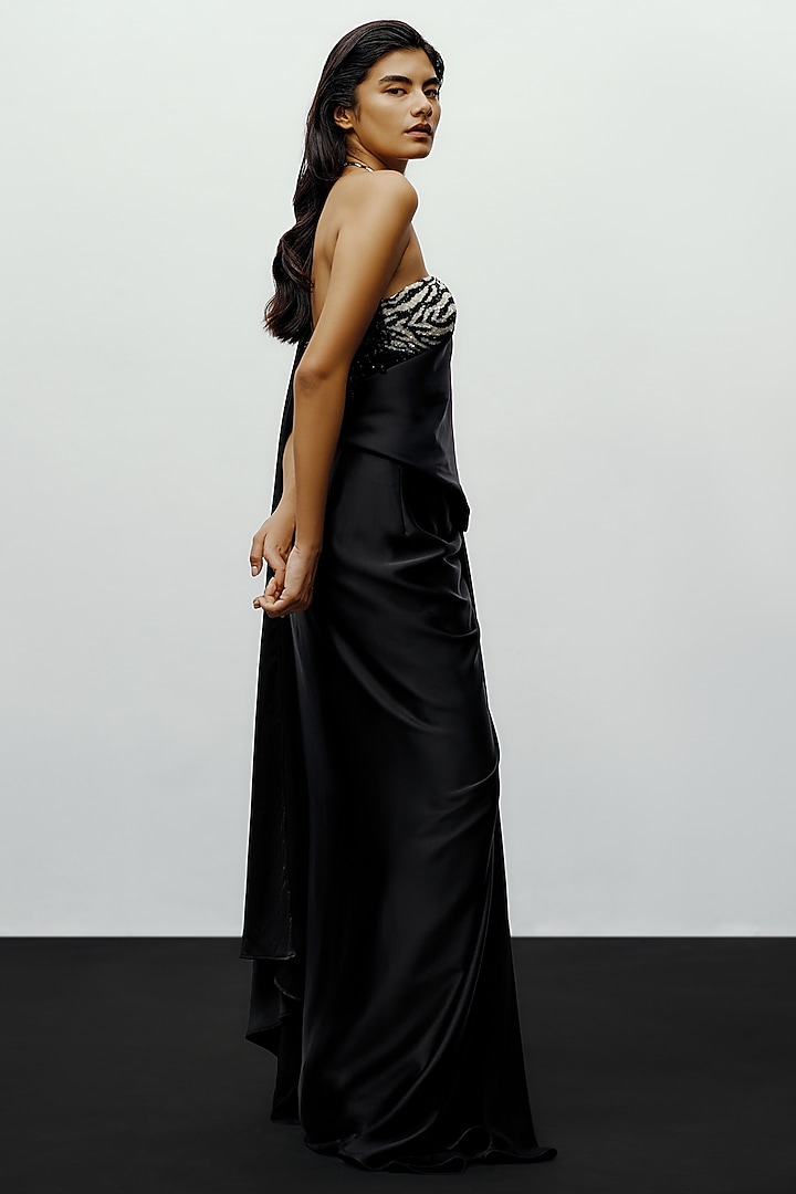 Black Stretch Satin Pre-Stitched Wedding Saree by 431-88 By Shweta Kapur at Pernia's Pop Up Shop