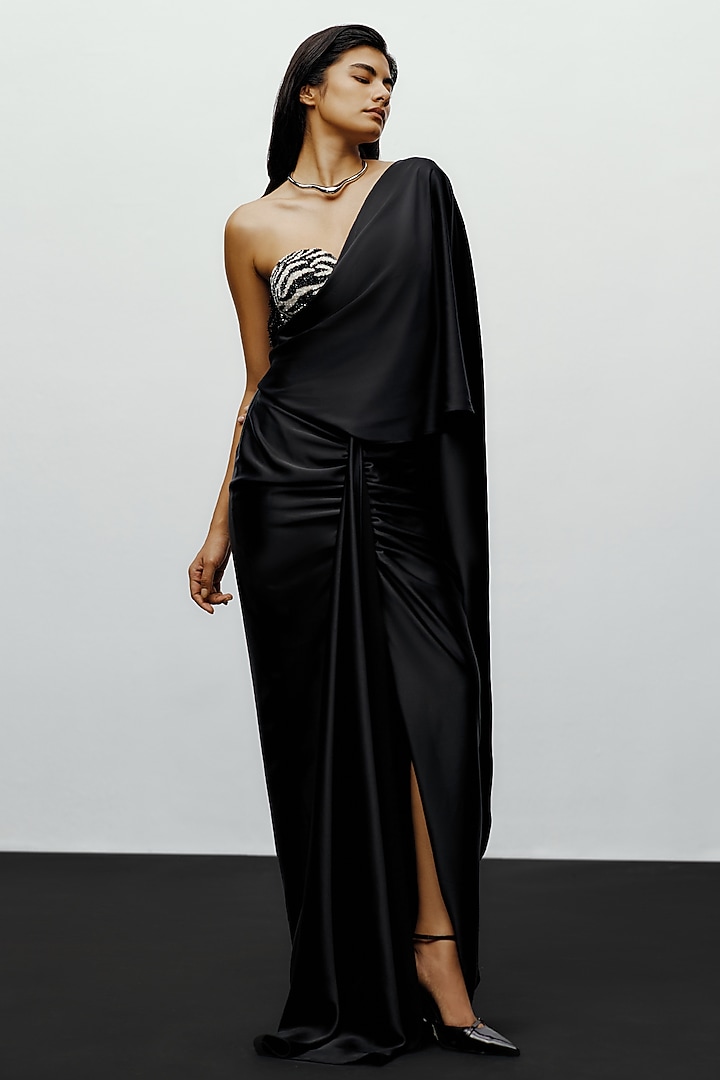 Black Stretch Satin Pre-Stitched Wedding Saree by 431-88 By Shweta Kapur at Pernia's Pop Up Shop