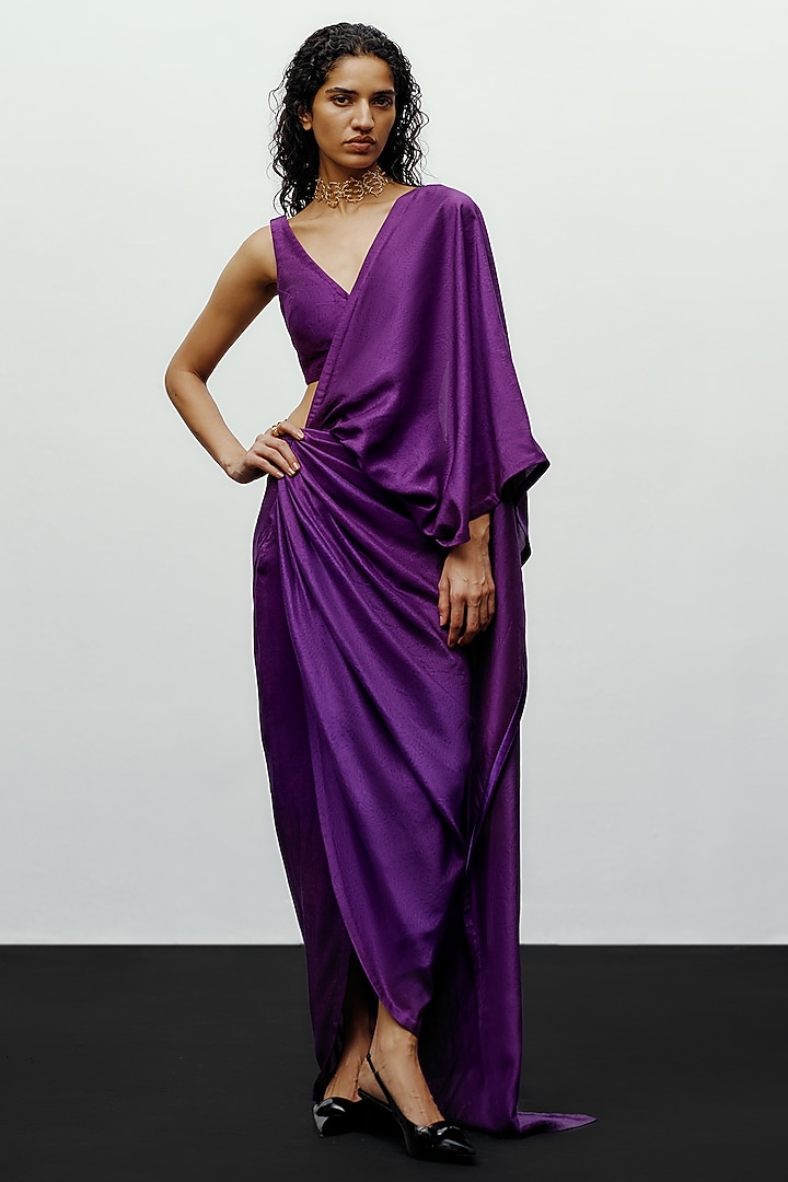 Purple Silk Printed Pre-Draped Wedding Saree by 431-88 By Shweta Kapur at Pernia's Pop Up Shop