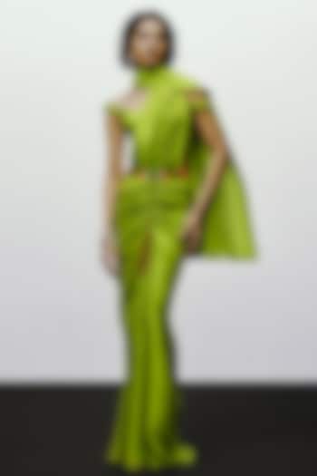Lime Green Silk Printed Pre-Draped Wedding Saree by 431-88 By Shweta Kapur at Pernia's Pop Up Shop