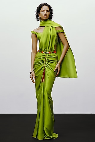 Lime Green Silk Printed Pre-Draped Saree by 431-88 By Shweta Kapur