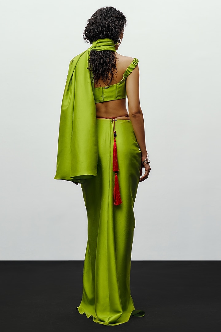 Lime Green Silk Printed Pre-Draped Wedding Saree by 431-88 By Shweta Kapur at Pernia's Pop Up Shop