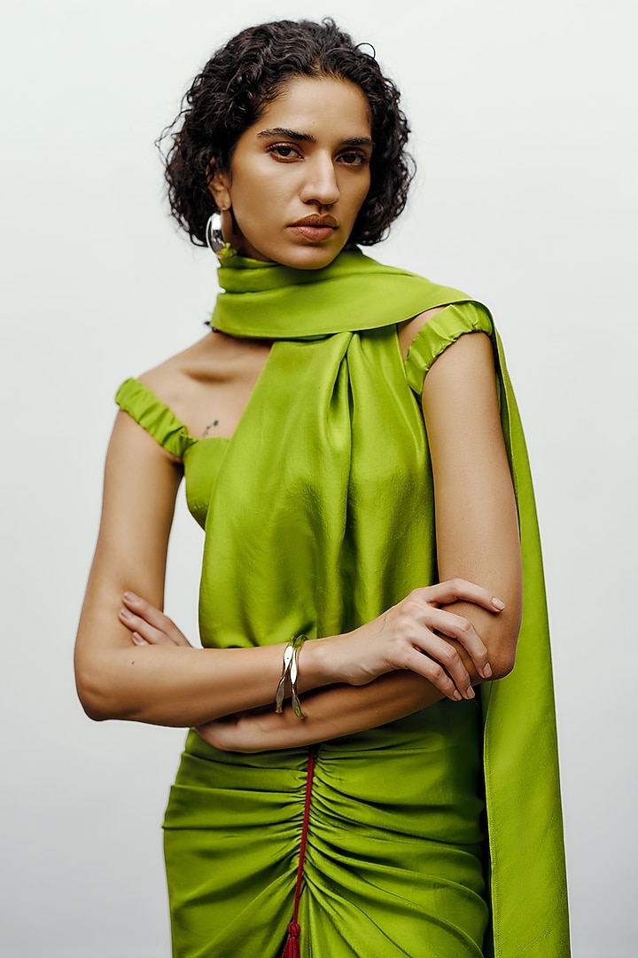 Lime Green Silk Printed Pre-Draped Wedding Saree by 431-88 By Shweta Kapur at Pernia's Pop Up Shop