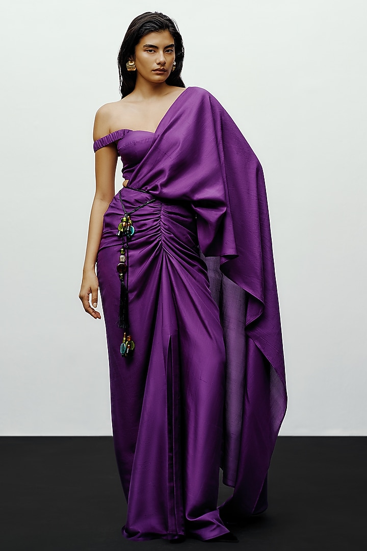 Purple Silk Printed Pre-Draped Wedding Saree by 431-88 By Shweta Kapur at Pernia's Pop Up Shop