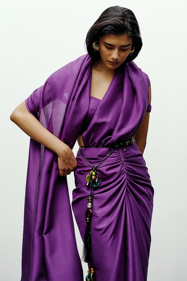 Purple Silk Printed Pre-Draped Wedding Saree by 431-88 By Shweta Kapur at Pernia's Pop Up Shop
