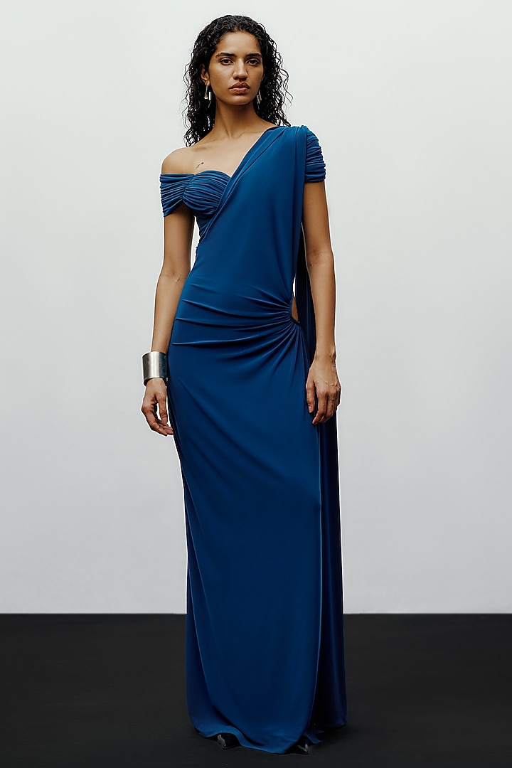 Teal Jersey Ruched Pre-Stitched Party Wear Saree by 431-88 By Shweta Kapur at Pernia's Pop Up Shop