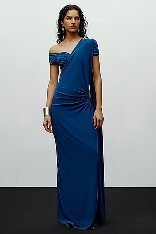 Teal Jersey Ruched Pre-Stitched Saree by 431-88 By Shweta Kapur