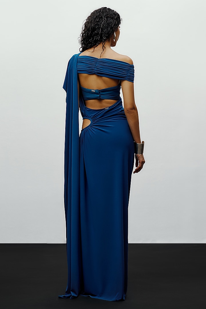 Teal Jersey Ruched Pre-Stitched Party Wear Saree by 431-88 By Shweta Kapur at Pernia's Pop Up Shop