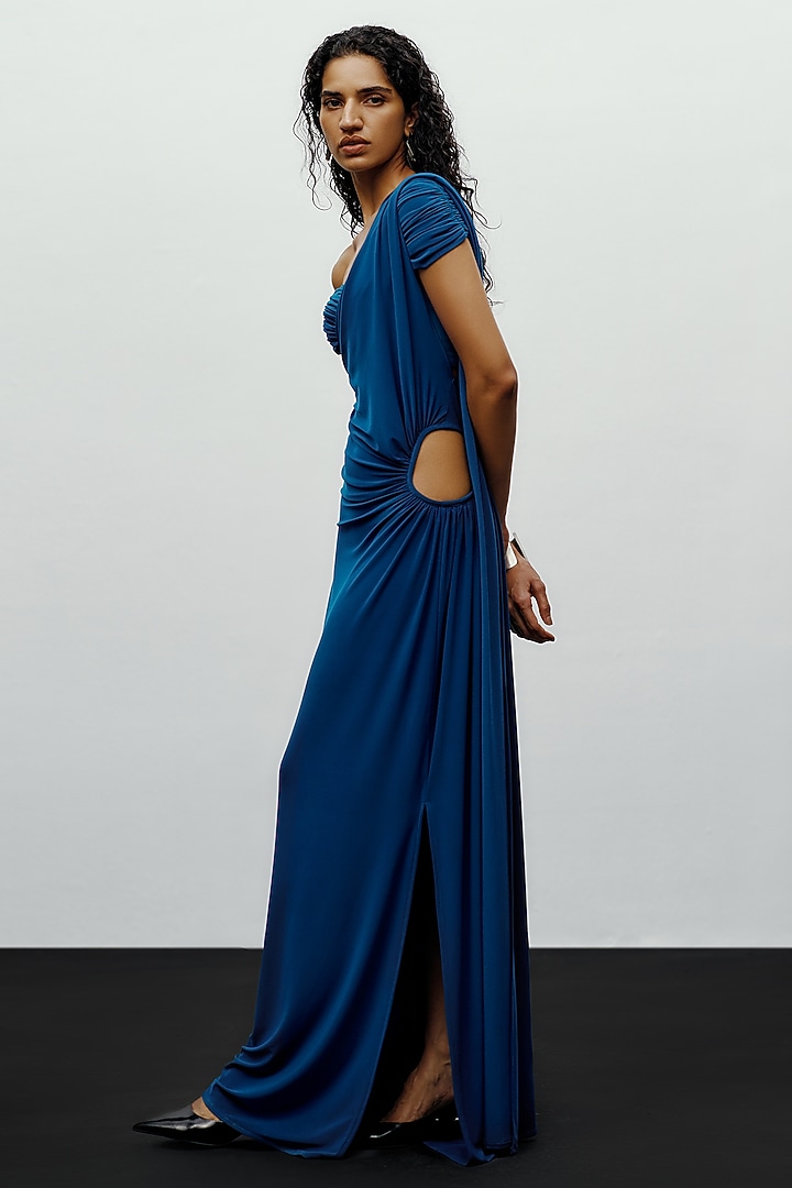 Teal Jersey Ruched Pre-Stitched Party Wear Saree by 431-88 By Shweta Kapur at Pernia's Pop Up Shop