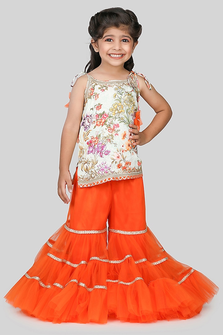 Orange Net Sharara Set For Girls by Shining Kanika