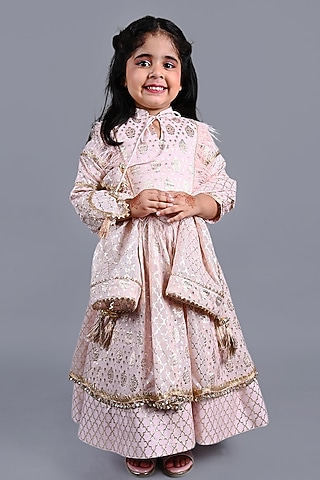 Peach Chanderi Printed Lehenga Choli Set For Girls by Shining Kanika