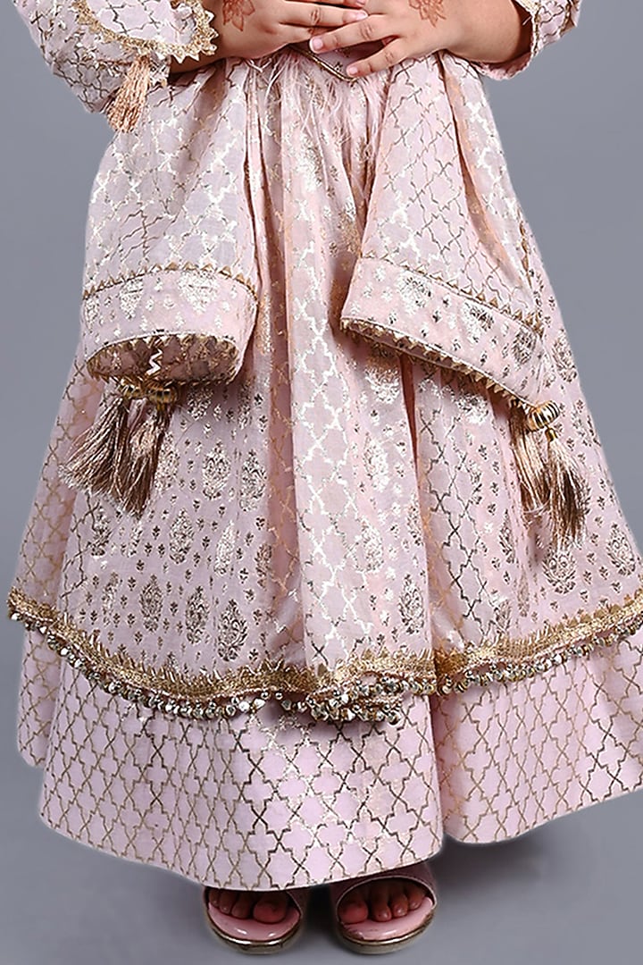 Peach Chanderi Printed Lehenga Choli Set For Girls by Shining Kanika at Pernia's Pop Up Shop