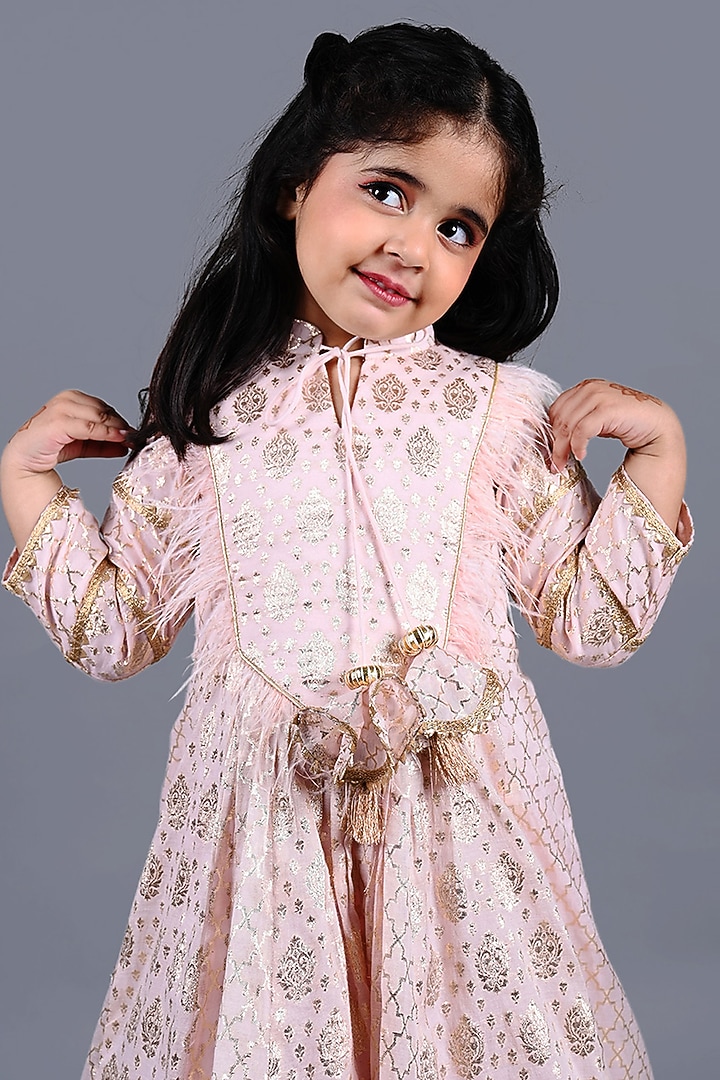 Peach Chanderi Printed Lehenga Choli Set For Girls by Shining Kanika at Pernia's Pop Up Shop